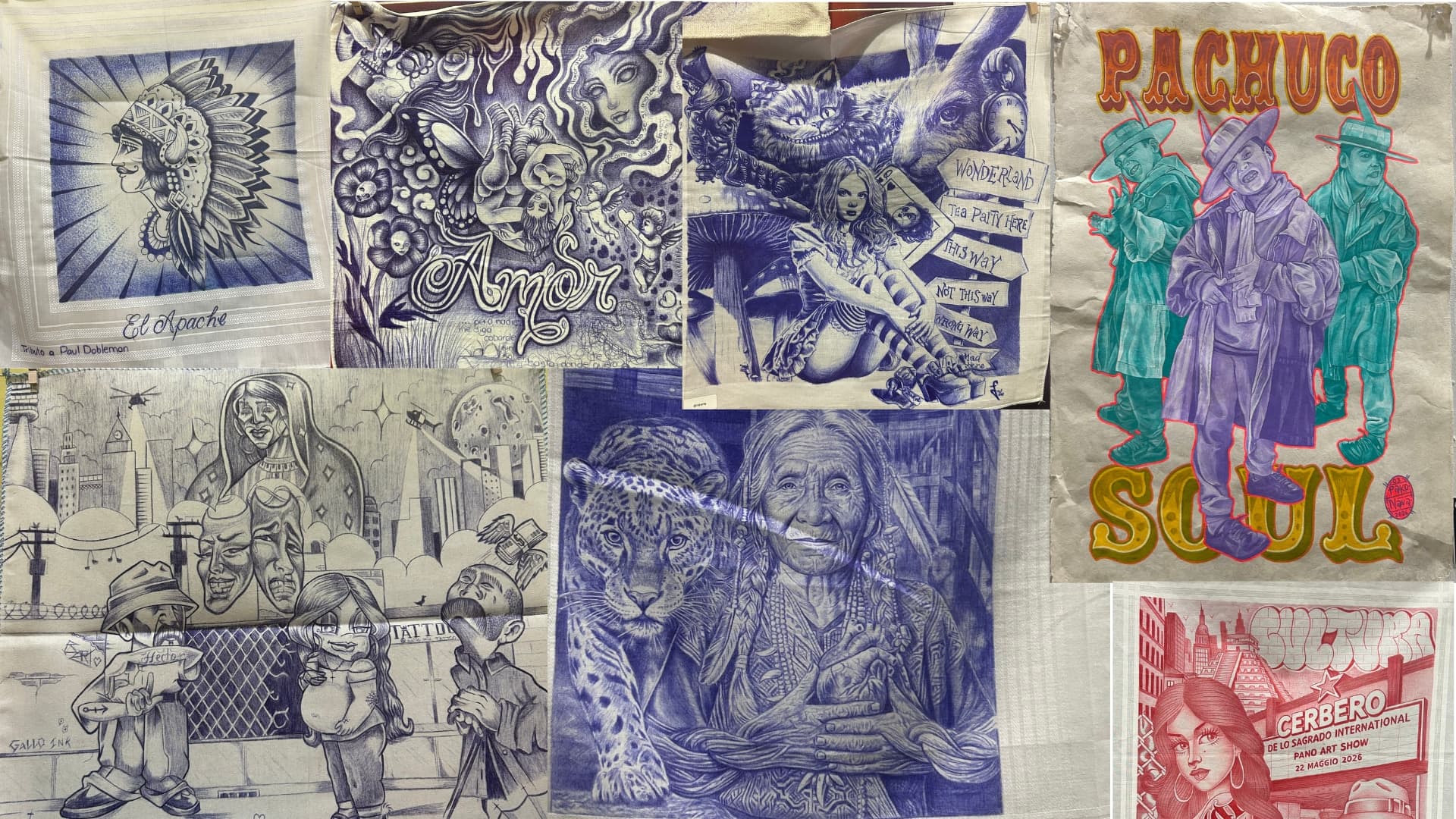 Collage of paño artwork on handkerchiefs at Pomona INK-CON, including portraits, Alice in Wonderland imagery, and Pachuco Soul