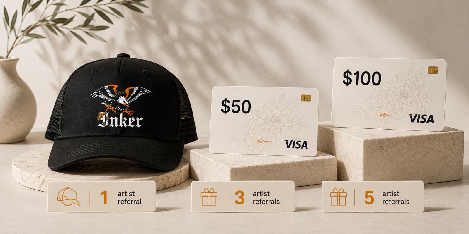 Inker hat and Visa gift cards available through the artist referral rewards program