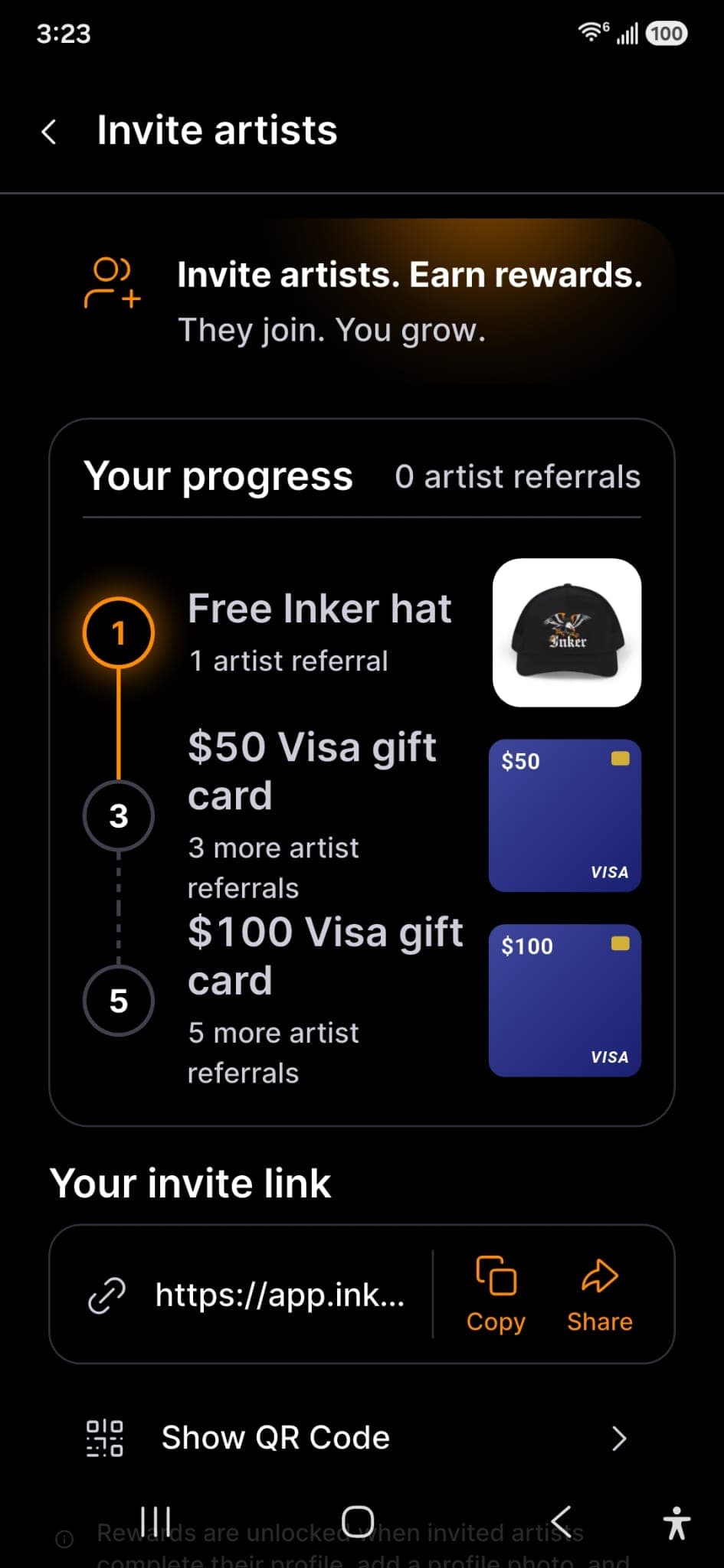 Inker Rewards dashboard showing referral progress, reward milestones, invite link, and QR code controls