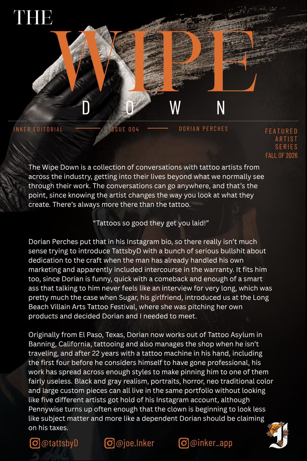 Opening Dorian Perches editorial about TattsbyD, Tattoo Asylum, and his work across tattoo styles