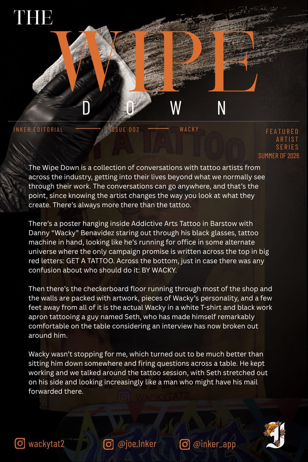 Opening Wacky Benavidez editorial about tattooing at Addictive Arts Tattoo in Barstow