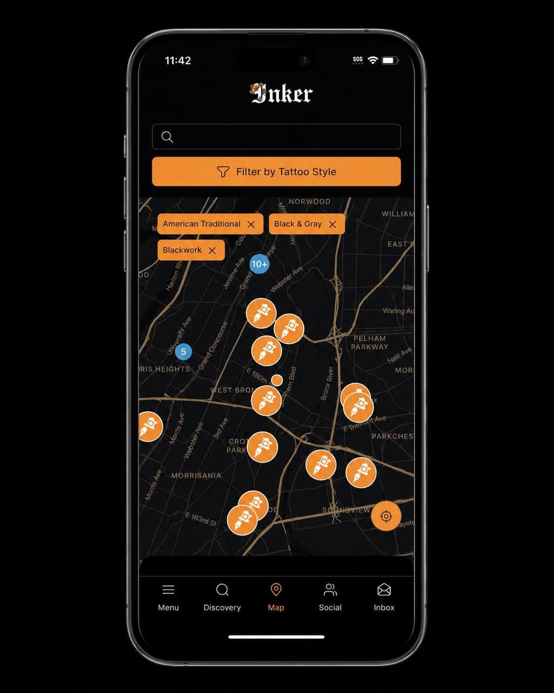 Inker map view showing local tattoo artists filtered by style