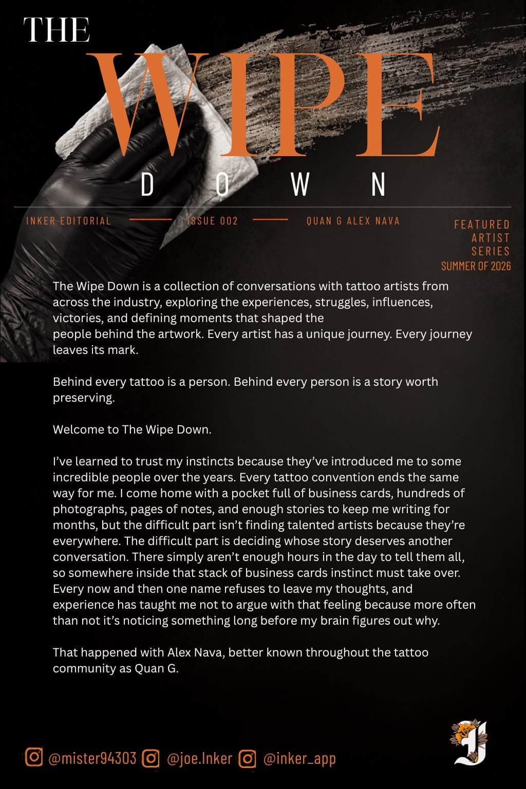 Opening editorial for The Wipe Down introducing tattoo artist Quan G and the purpose of the magazine