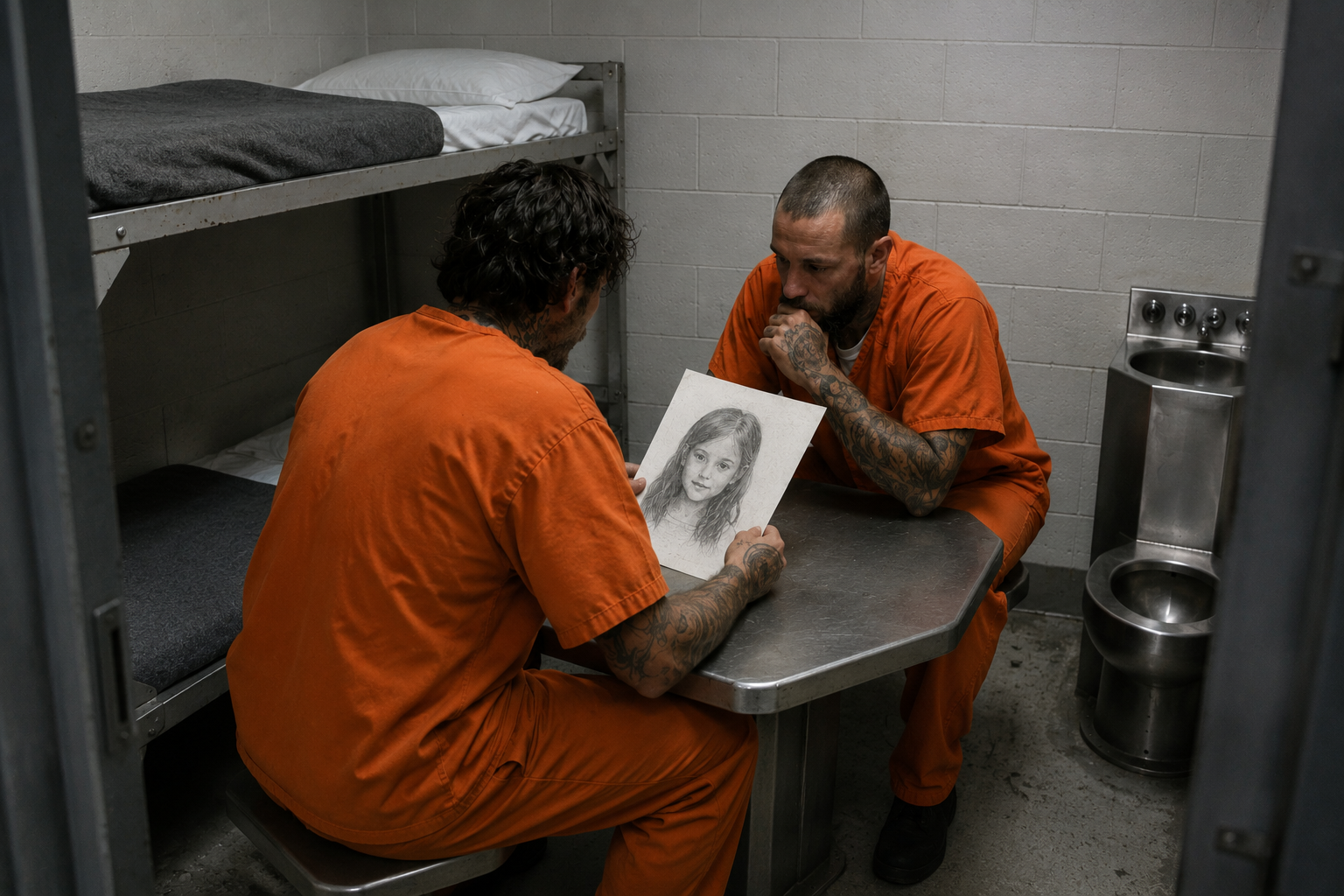 Cash Was Never the Only Currency — The Hidden Economy Behind Tattoo Culture Two incarcerated men in orange uniforms looking at a portrait drawing, illustrating value and exchange beyond cash