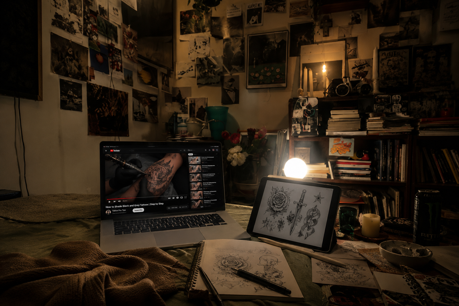 A younger tattoo artist studying technique and creating advanced tattoo work faster than older apprenticeship timelines