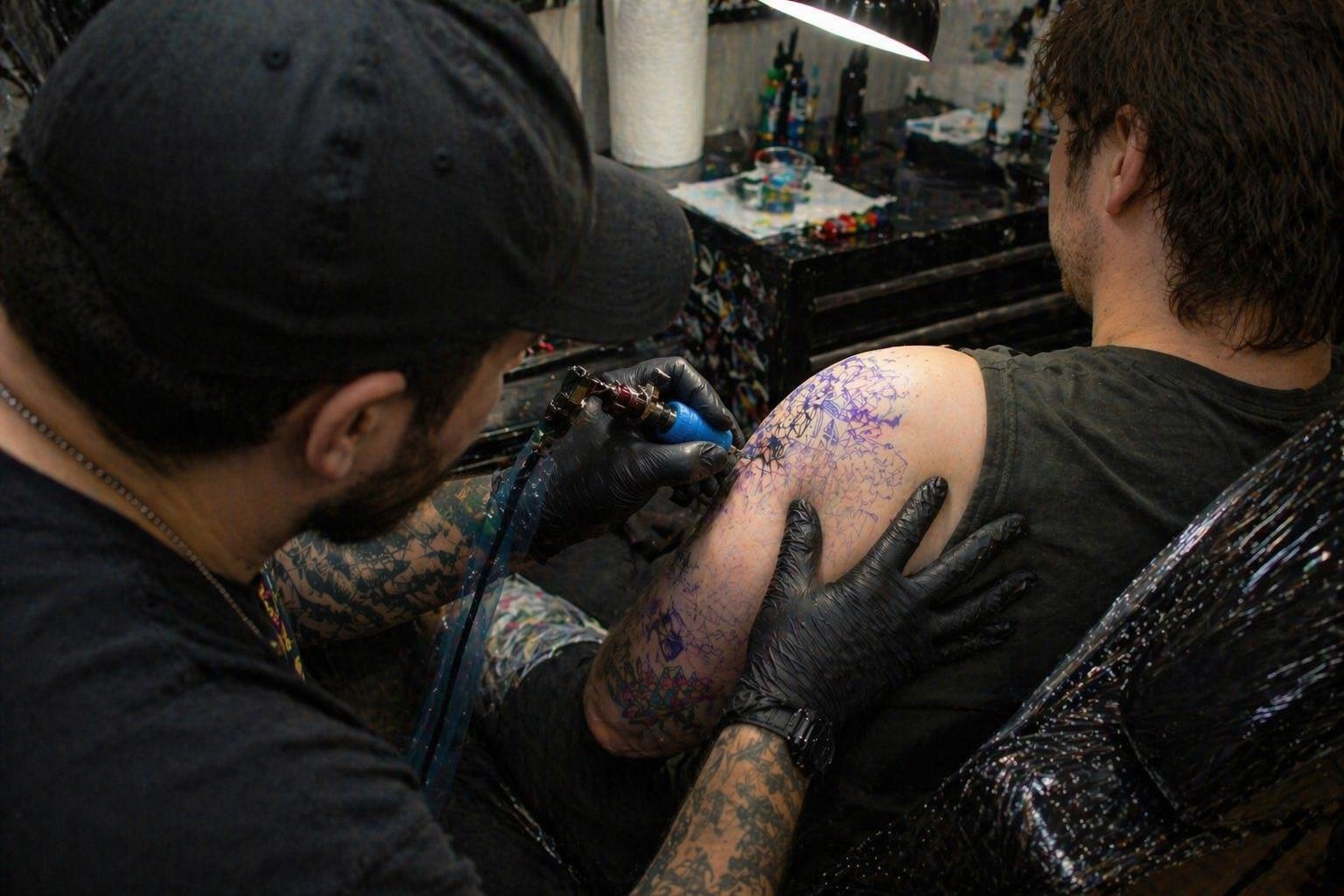 Professional tattoo artist tattooing a client's shoulder in a licensed tattoo shop, demonstrating proper technique, sterile gloves, and professional equipment