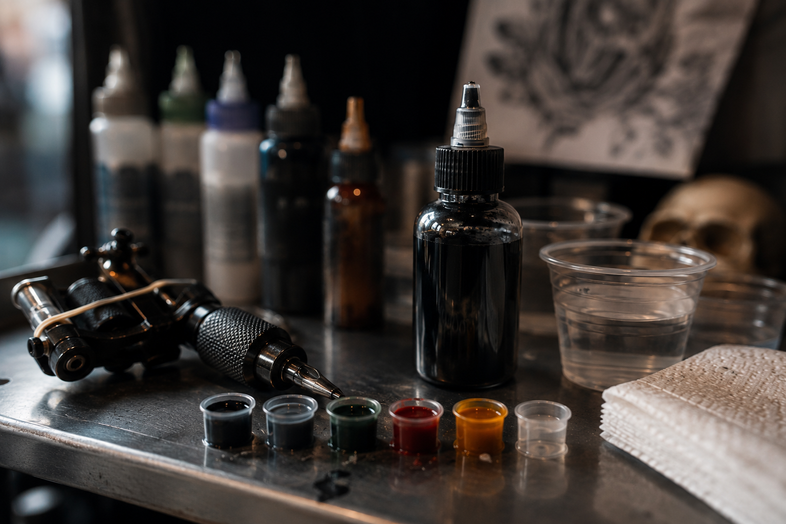 A tattoo artist workstation with modern tattoo ink bottles representing cleaner pigment production and safer tattooing standards