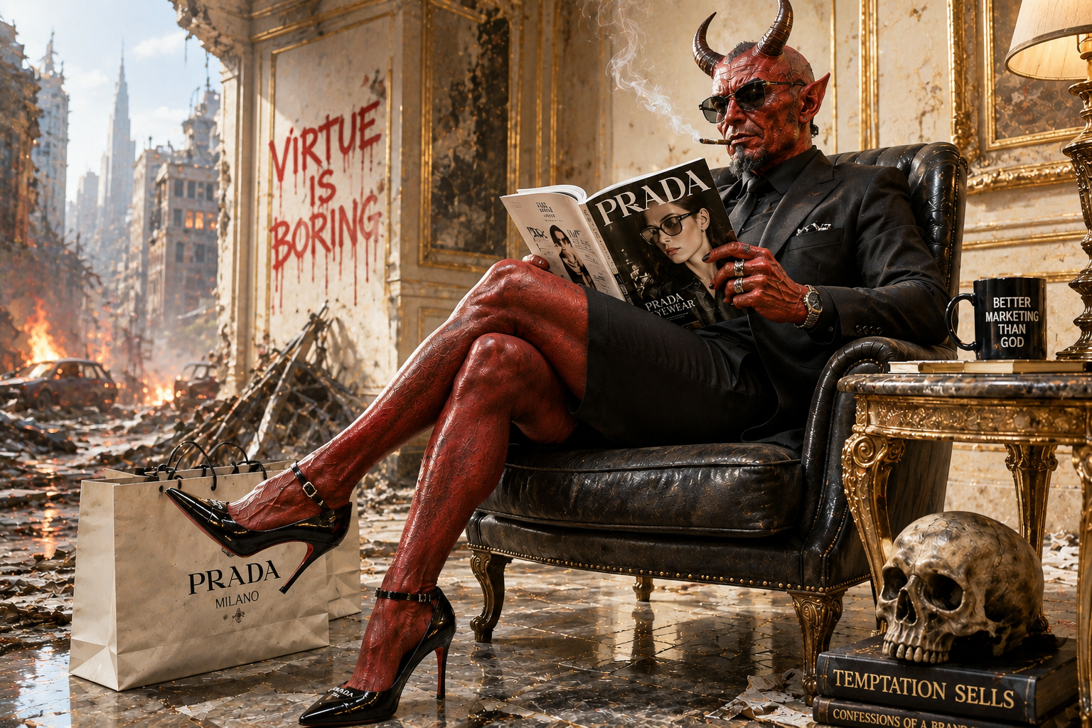 The Devil Has Better Marketing Than God — Why Darkness Still Wins Human Attention Devil in a suit reading a fashion magazine in a ruined luxury room, illustrating tattoo marketing and temptation