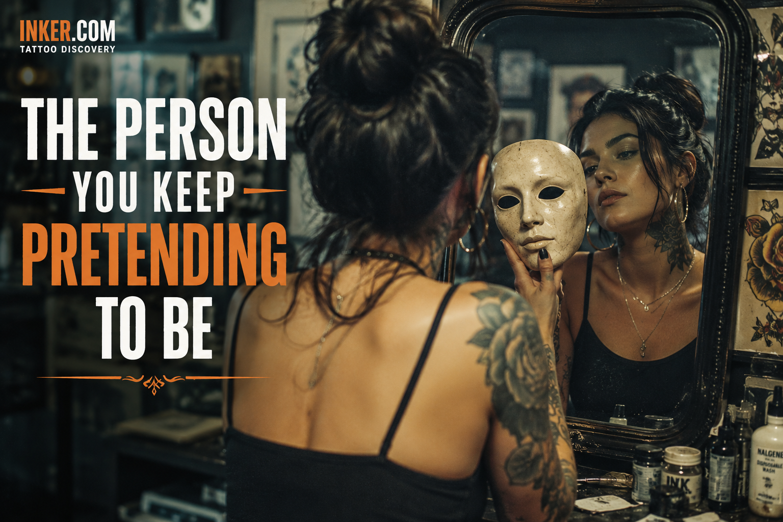 A tattoo inspired portrait about identity, performance, and the masks people wear in life and tattoo culture