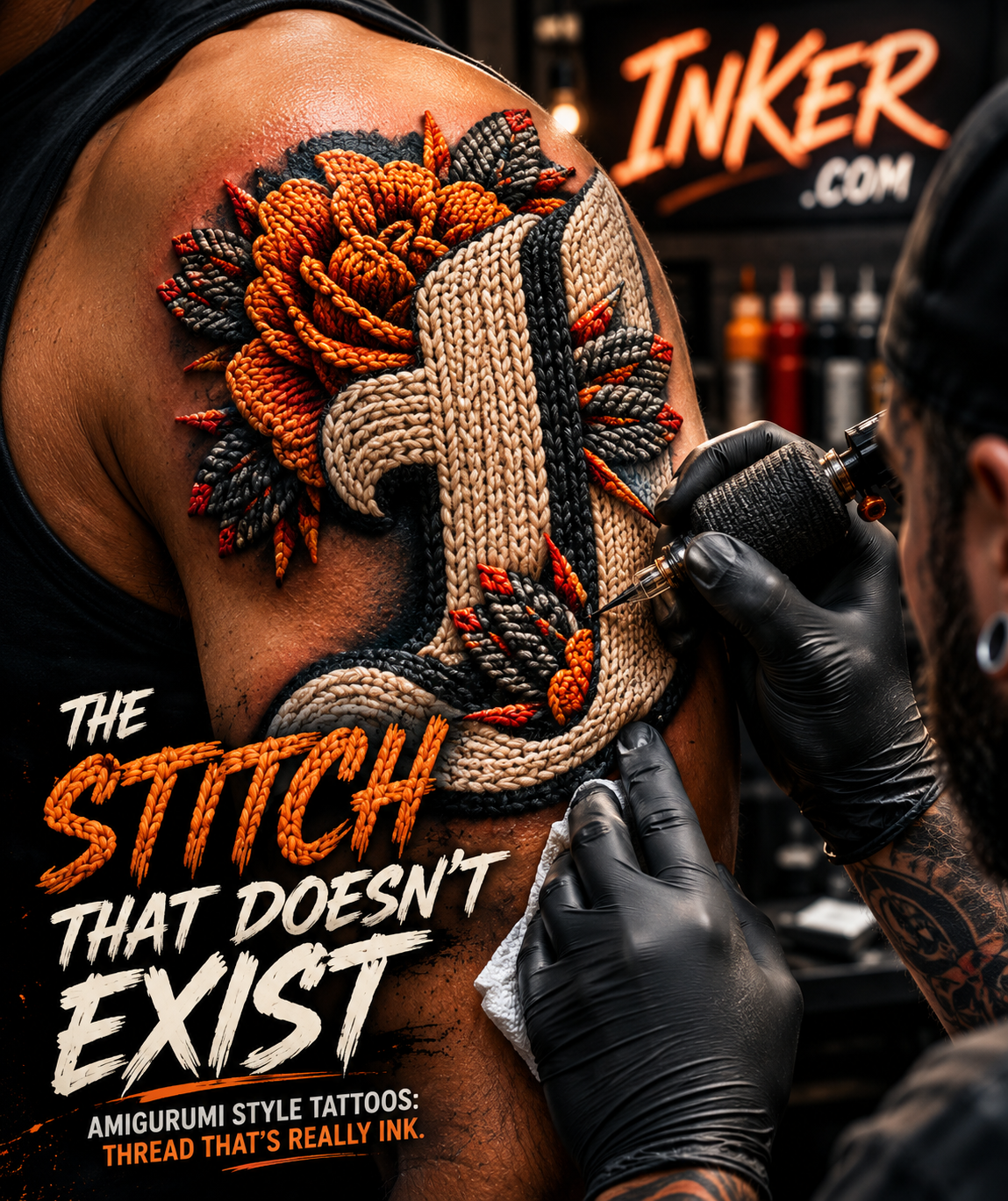 Amigurumi style tattoo with knitted yarn texture being tattooed onto a shoulder
