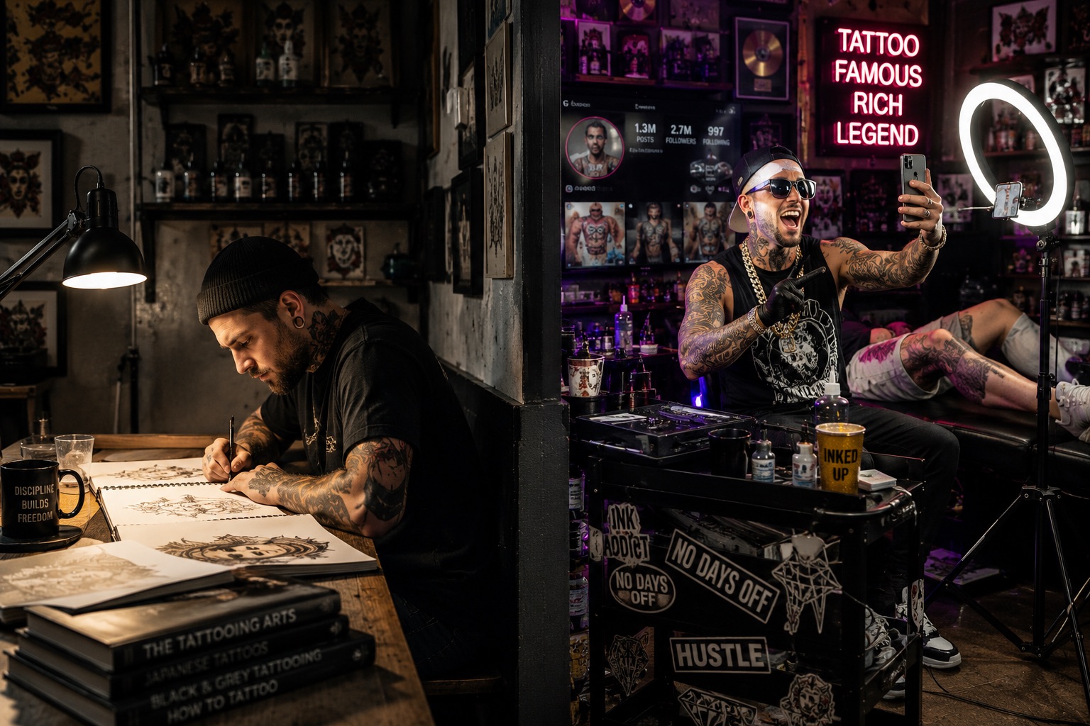 The Tattoo Artist Nobody Sees Coming — Why the Quietest Artists Are Often the Most Dangerous A focused tattoo artist quietly sketching at a desk on the left, and a loud self-promoting artist taking a selfie under neon lights on the right
