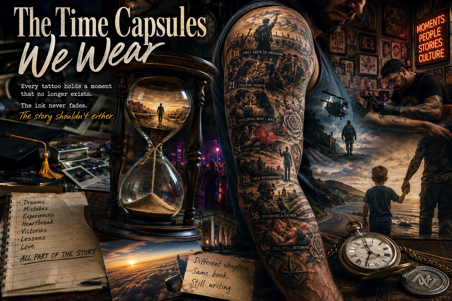 Tattoo sleeve shown as a timeline of life memories beside an hourglass and tattoo shop scenes