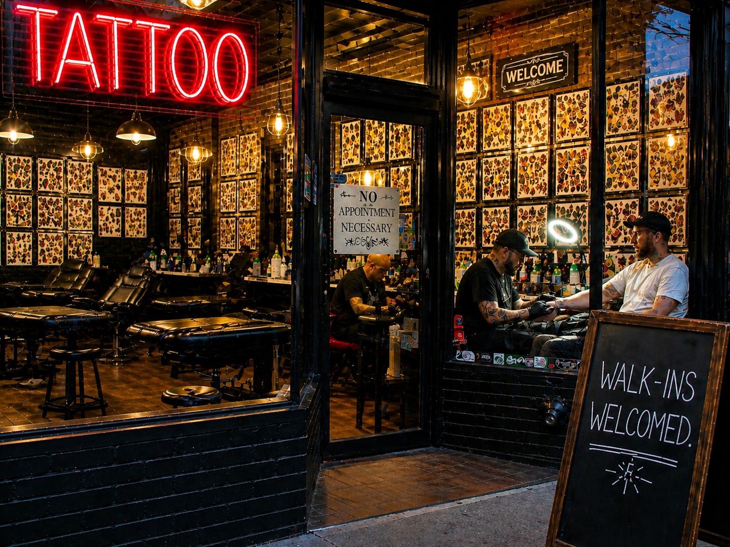 Why Walk-Ins Are Dying and What Replaces Them Tattoo shop storefront with neon TATTOO sign and a chalkboard sign reading Walk-Ins Welcomed, representing the fading era of spontaneous walk-in clients