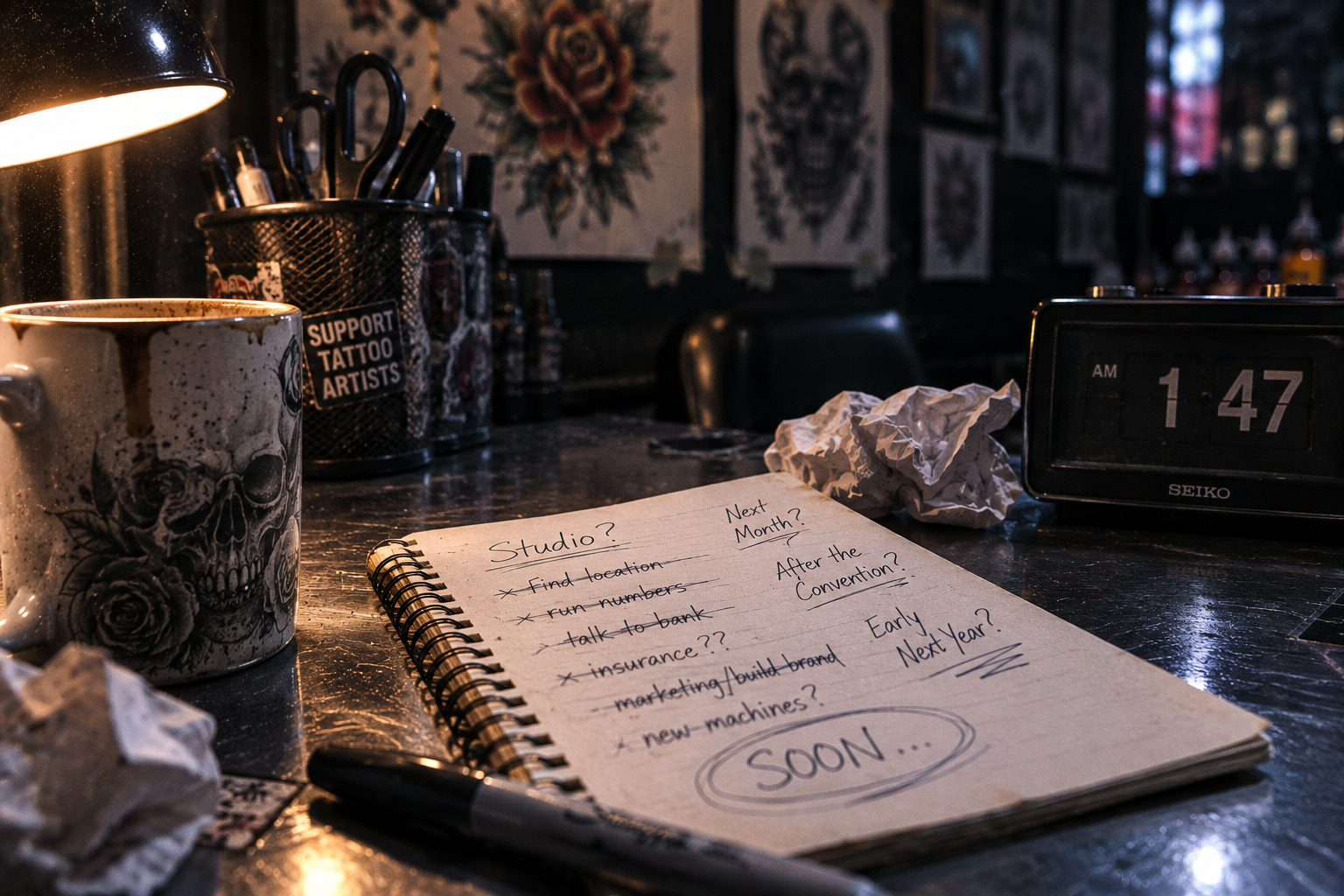 A tattoo artist standing at a crossroads between planning and action, representing when preparation becomes an excuse