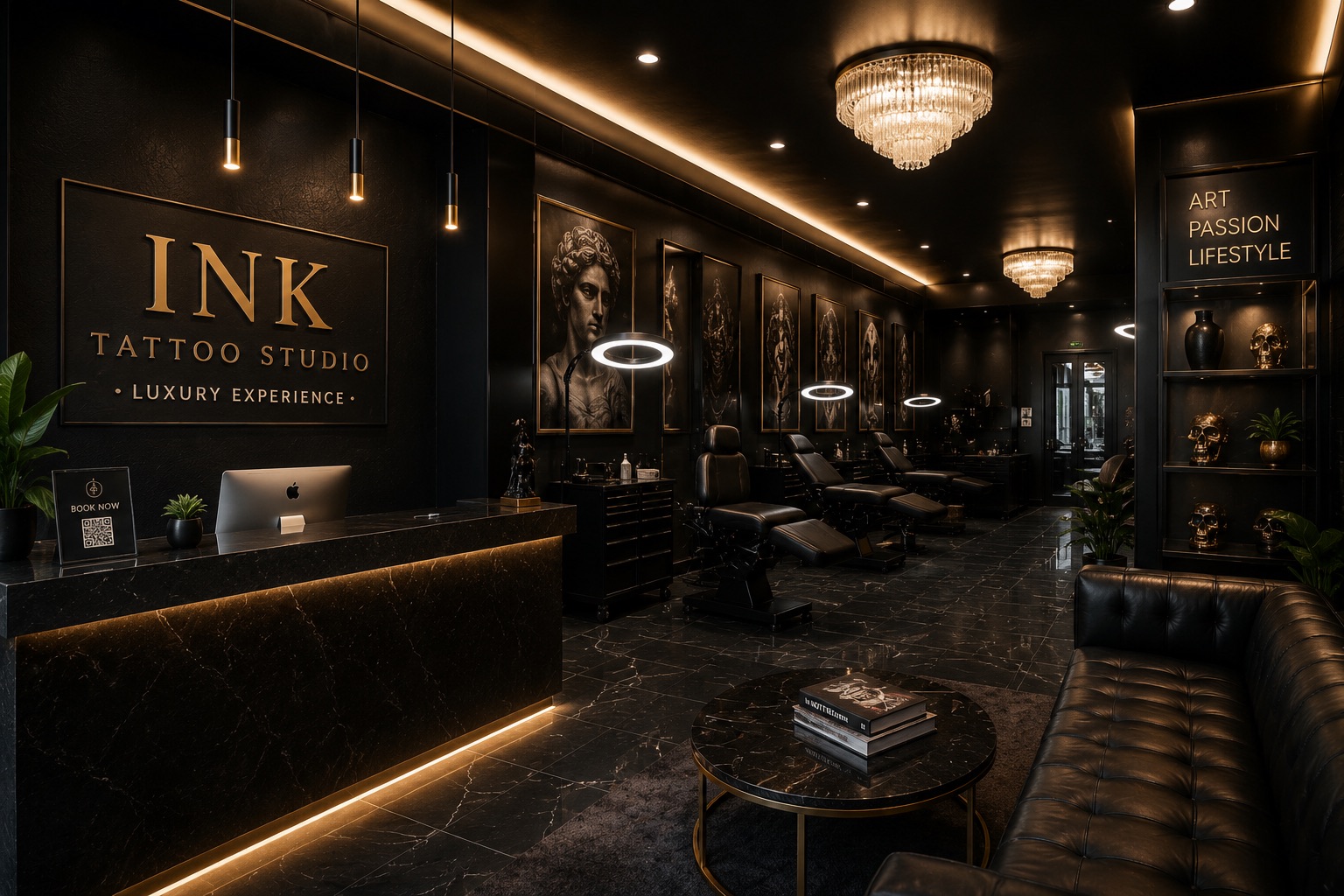 Polished luxury tattoo studio interior with black walls, gold signage, chandelier lighting, and staged leather chairs designed for social media presentation