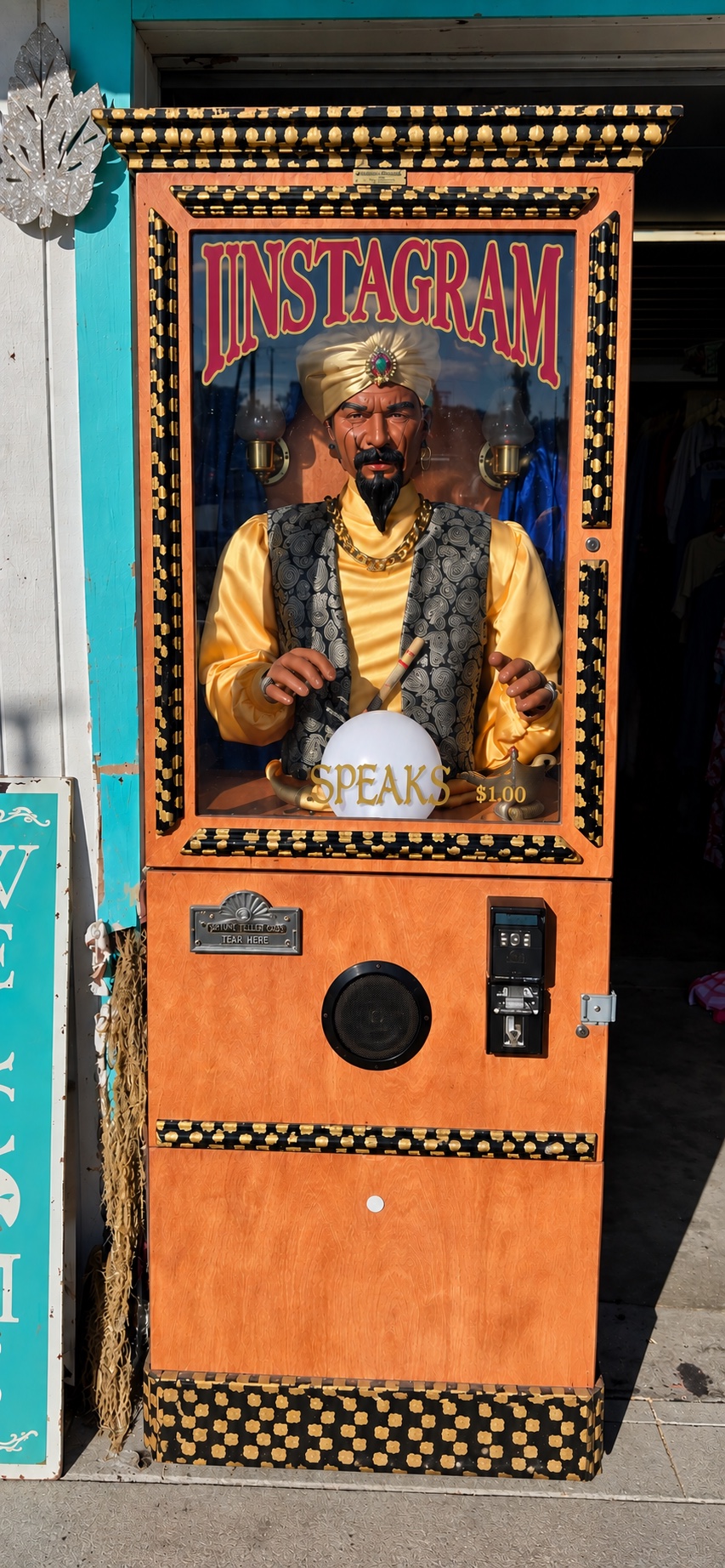 Vintage fortune teller machine labeled Instagram photographed outside a shop