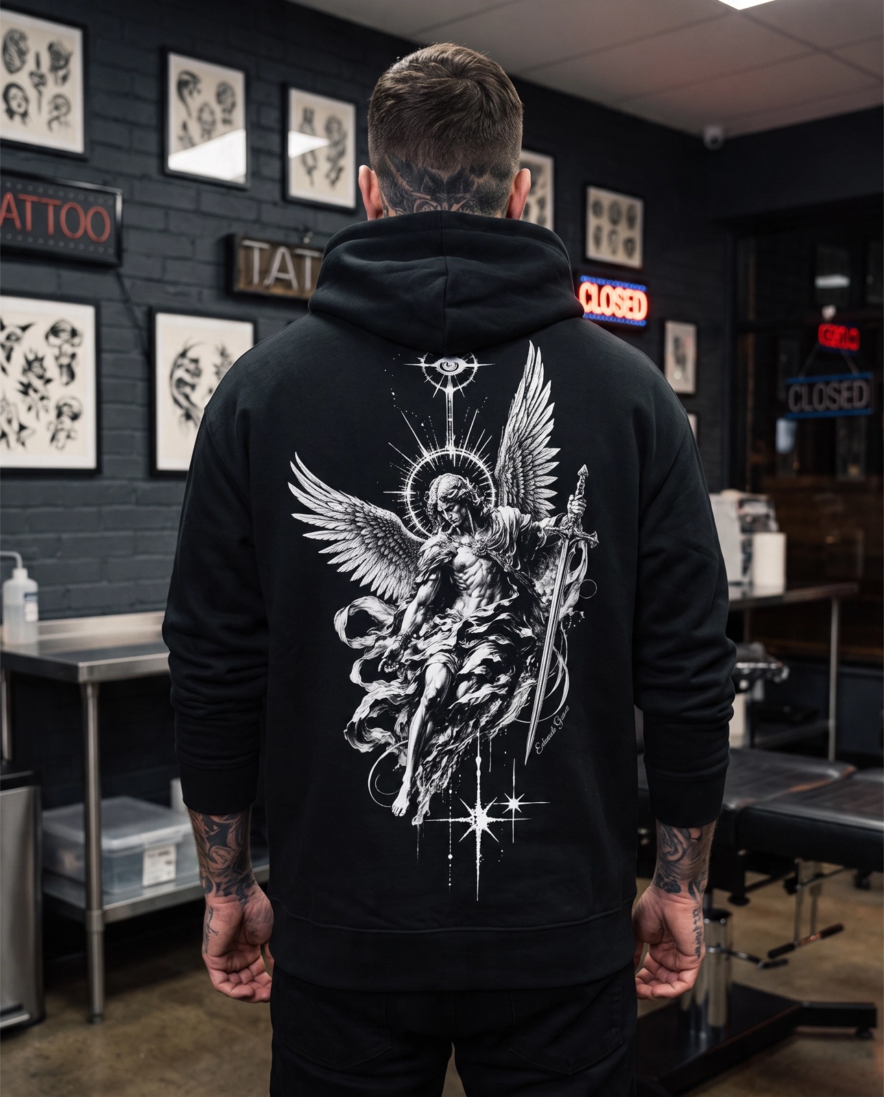 Tattooed model wearing the Eduardo Gomez Celestial Warrior Black AOP Hoodie from the back
